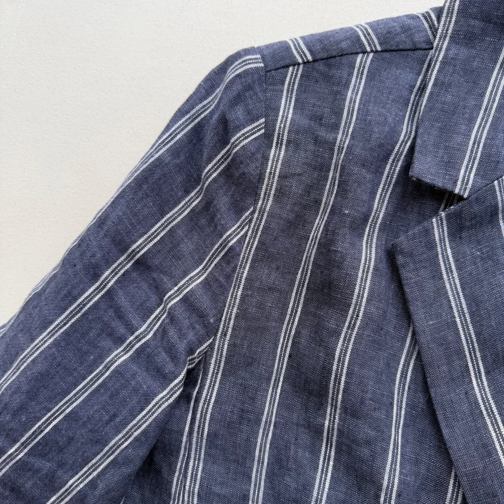 Cabi Women 8 Navy Blue White Stripe 100% Linen Anchor Button Blazer 871 Nautical